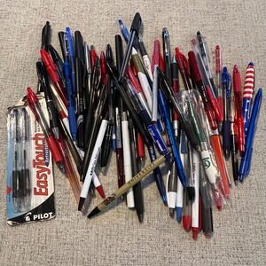 75 pc Pen Lot Pilot Paper Mate BIC Zebra Uni-ball Gel Ballpoint Red Black Blue